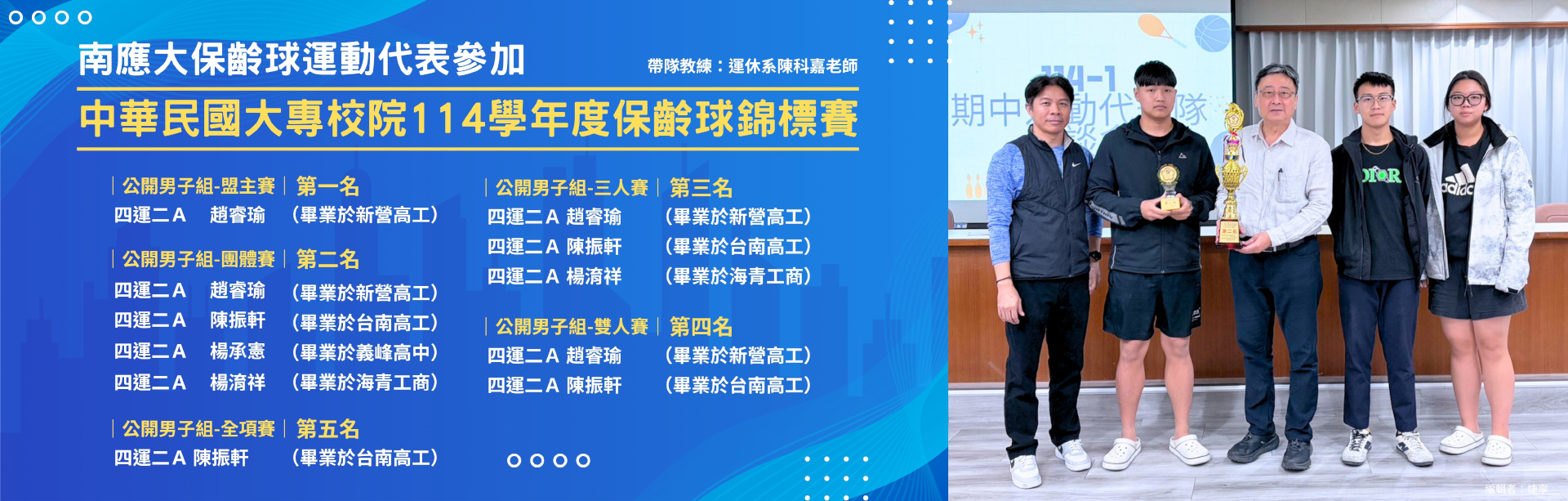 南應大保齡球運動代表隊參加中華民國大專校院114學年度保齡球錦標賽 榮獲佳績